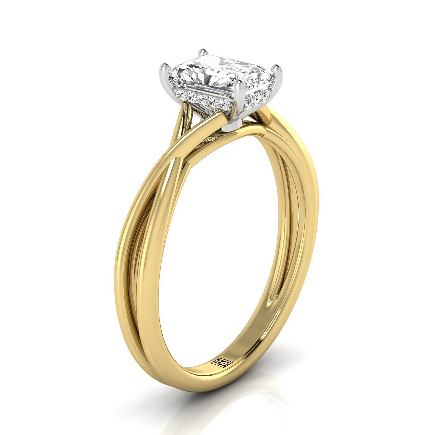 14ky Radiant Twisted Shank Hidden Halo Solitaire Engagement Ring With 24 Prong Set Round Diamonds
