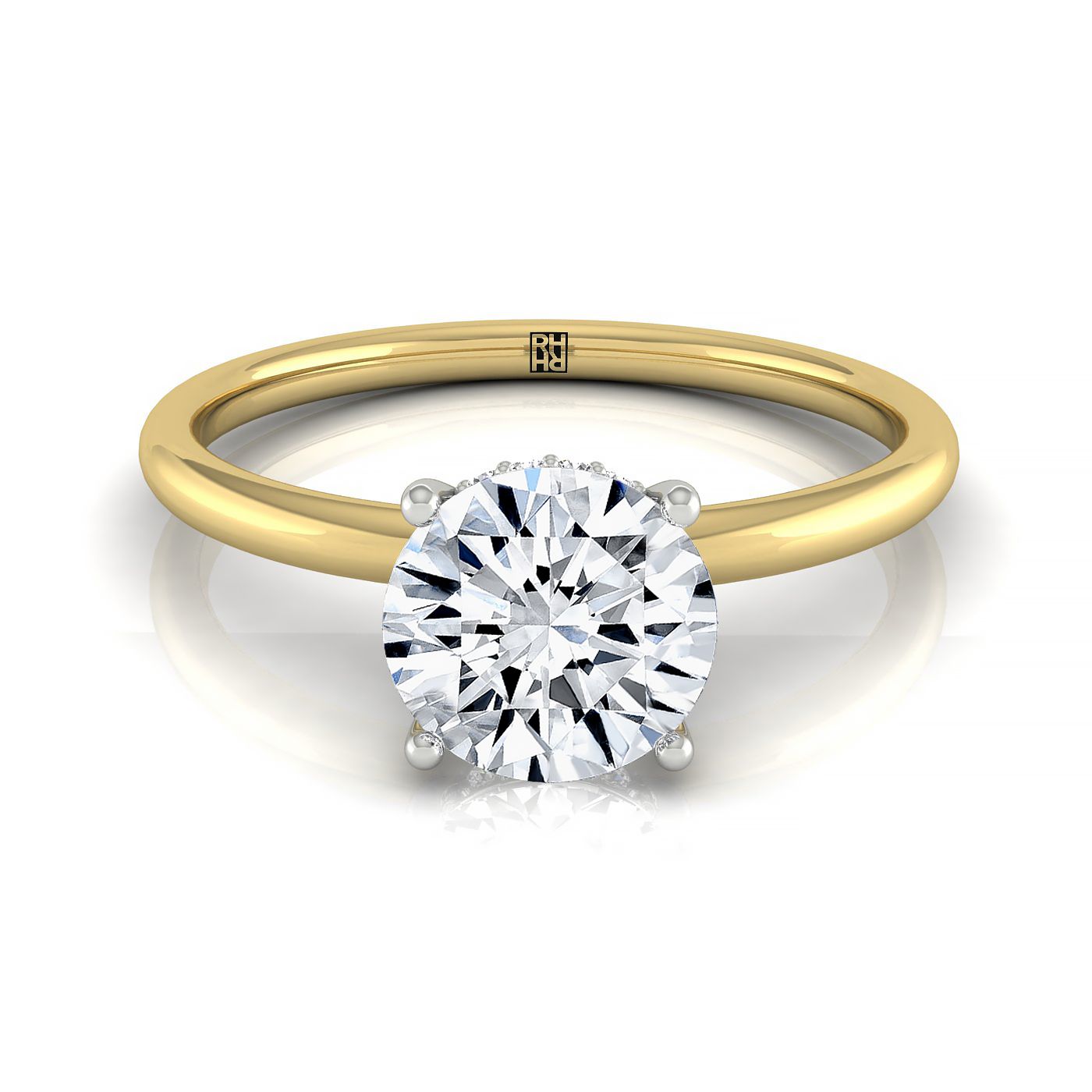 18ky Round Solitaire Engagement Ring With Upper Hidden Halo With 16 Prong Set Round Diamonds