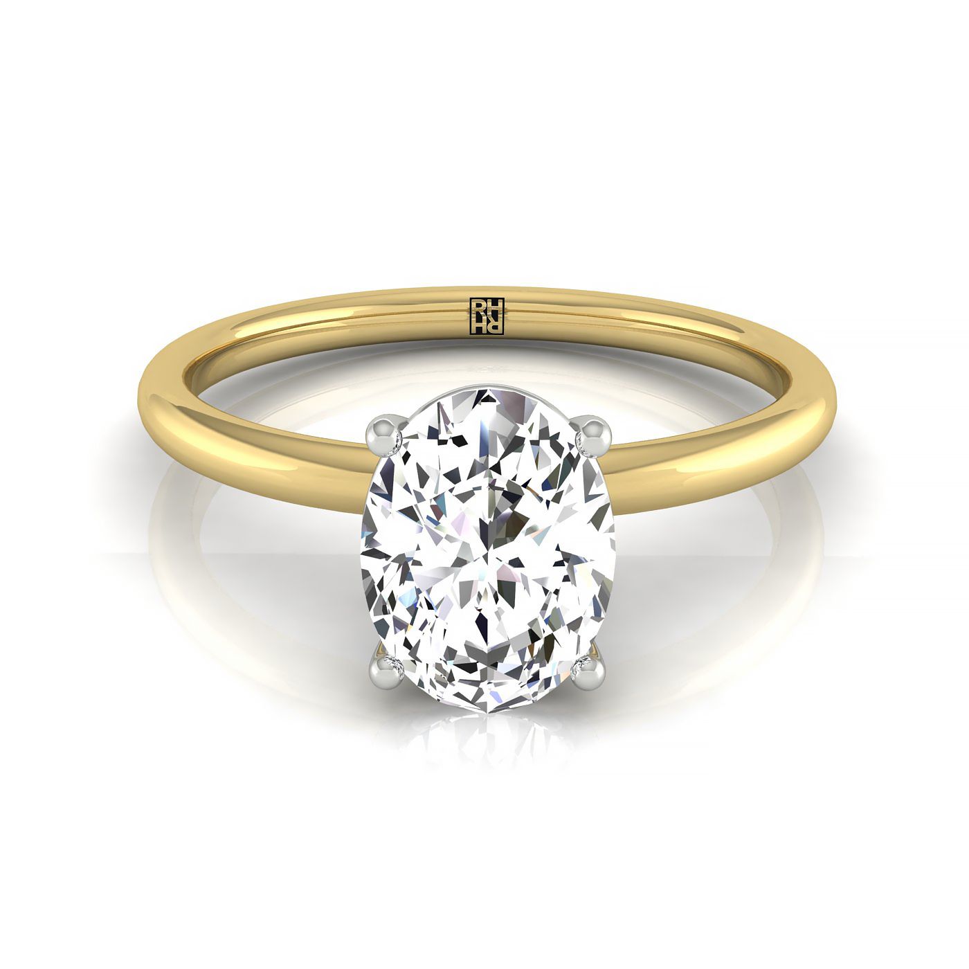 18ky Oval Solitaire Engagement Ring With Lower Hidden Halo Curved With 8 Prong Set Round Diamonds