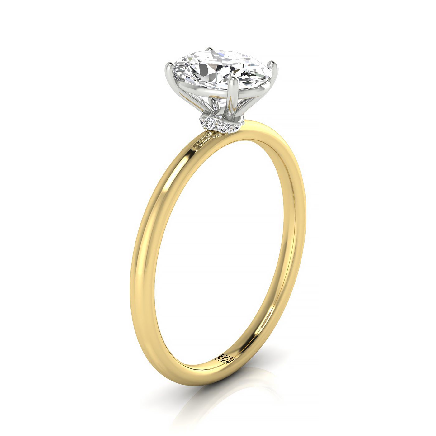 18ky Oval Solitaire Engagement Ring With Lower Hidden Halo Curved With 8 Prong Set Round Diamonds