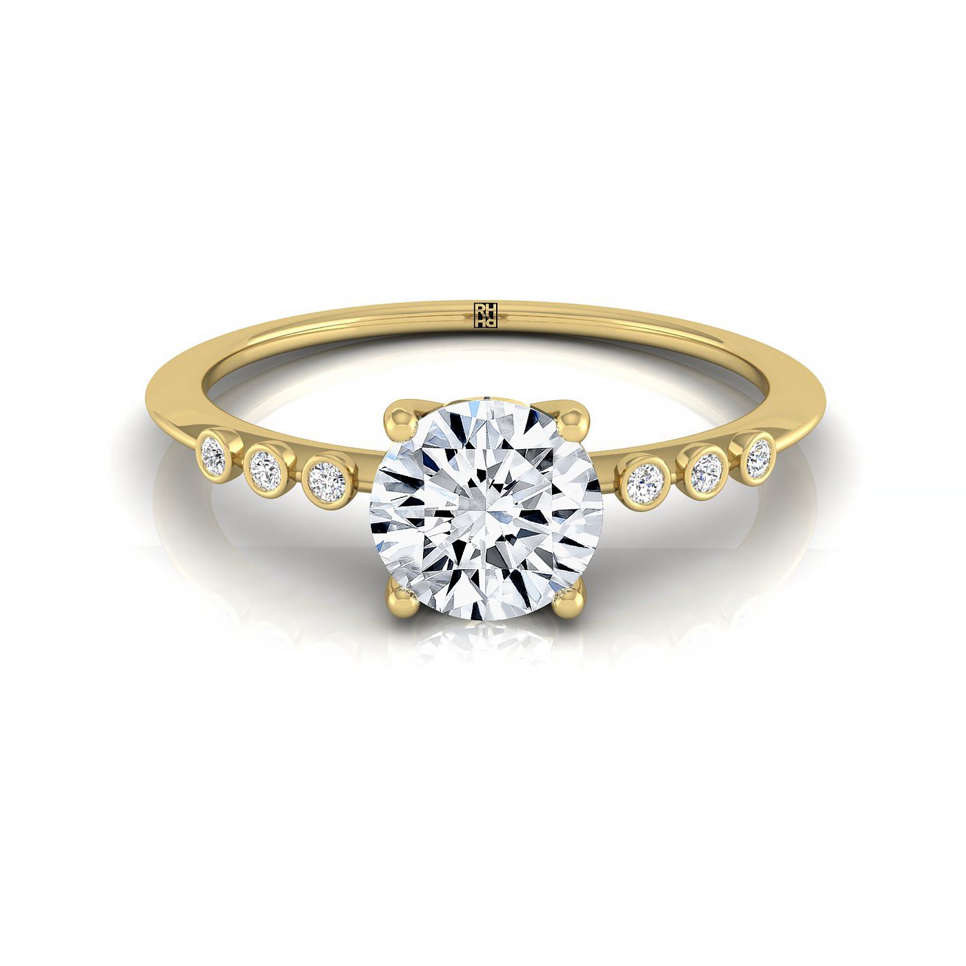18ky Round Engagement Ring With 6 Bezel Set Round Diamonds On Shank