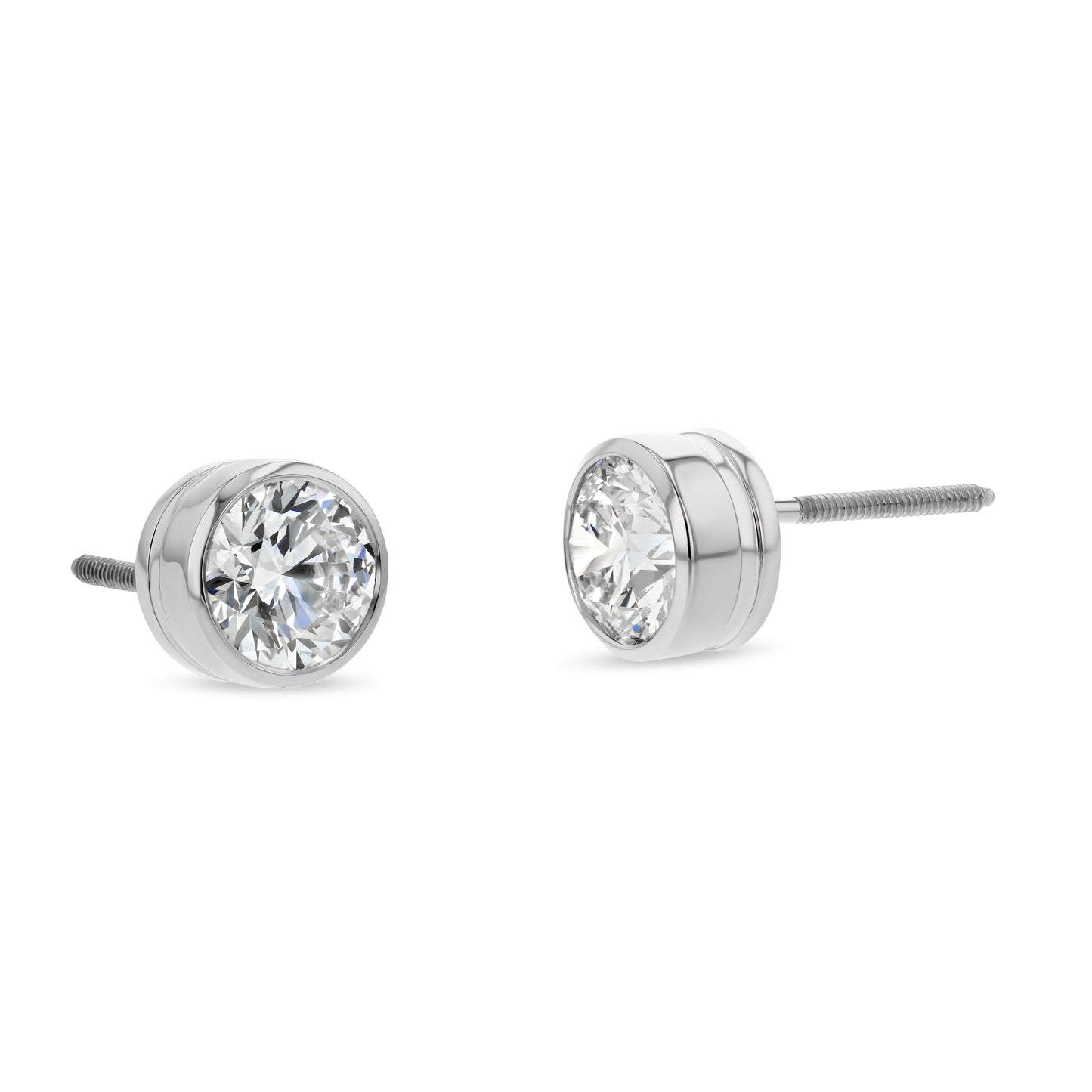 14k White Gold Bezel Set Round Brilliant Diamond Stud Earrings