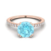 14K Rose Gold Round Brilliant Aquamarine Simple French Pave Double Claw Prong แหวนหมั้นเพชร -1/6ctw