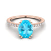 14K Rose Gold รูปไข่ Swiss Blue Topaz Simple French Pave Double Claw PRONG แหวนหมั้นเพชร -1/6ctw