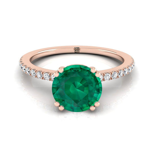 14K Rose Gold Round Brilliant Emerald Simple French Pave Double Claw Prong แหวนหมั้นเพชร -1/6ctw