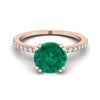 14K Rose Gold Round Brilliant Emerald Simple French Pave Double Claw Prong แหวนหมั้นเพชร -1/6ctw