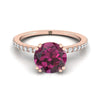 14K Rose Gold Round Brilliant Garnet Simple French Pave Double Claw Prong แหวนหมั้นเพชร -1/6ctw