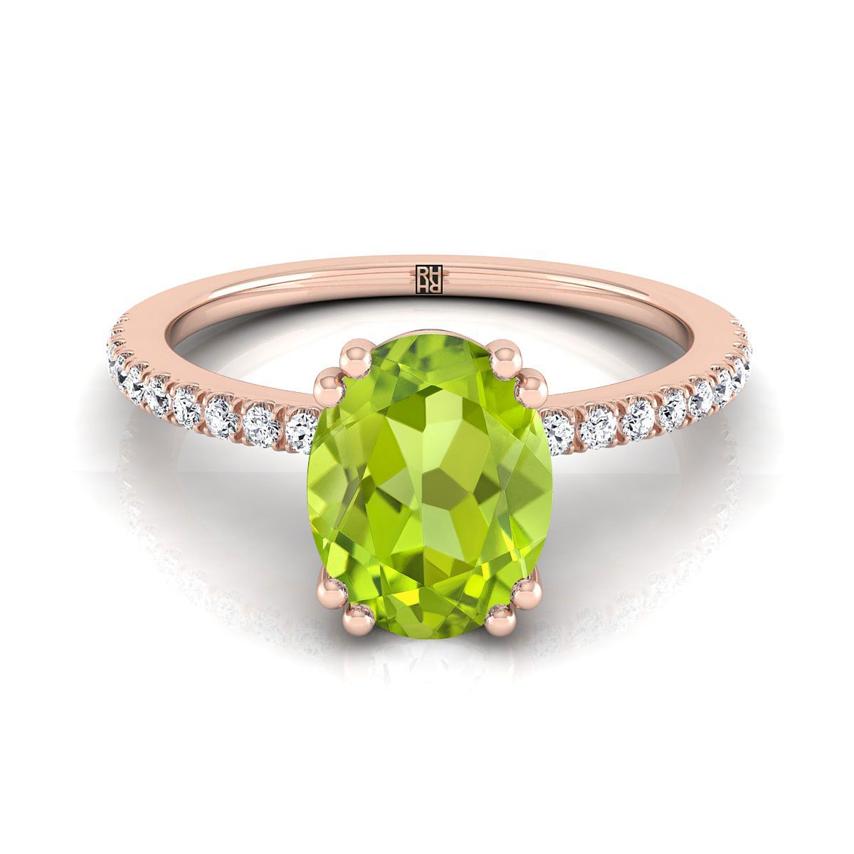 14K Rose Gold รูปไข่ Peridot Simple French Pave Double Claw PRONG แหวนหมั้นเพชร -1/6ctw