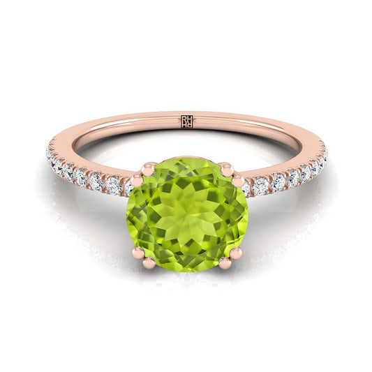 14K Rose Gold Round Brilliant Peridot Simple French Pave Double Claw Prong แหวนหมั้นเพชร -1/6ctw