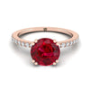 14K Rose Gold Round Brilliant Ruby Simple French Pave Double Claw Prong แหวนหมั้นเพชร -1/6ctw