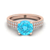 14K Rose Gold Round Brilliant Swiss Blue Topaz Double Pave Diamond Row แหวนหมั้น -1/4ctw