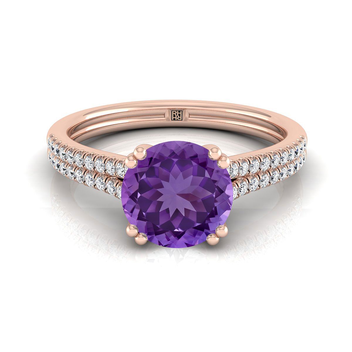 14K Rose Gold Round Brilliant Amethyst สองแถว Double Prong French Pave แหวนหมั้นเพชร -1/6ctw