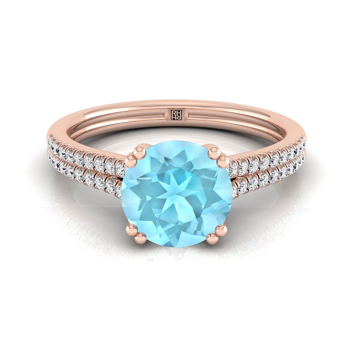 14K Rose Gold Round Brilliant Aquamarine สองแถว Double Prong French Pave แหวนหมั้นเพชร -1/6ctw