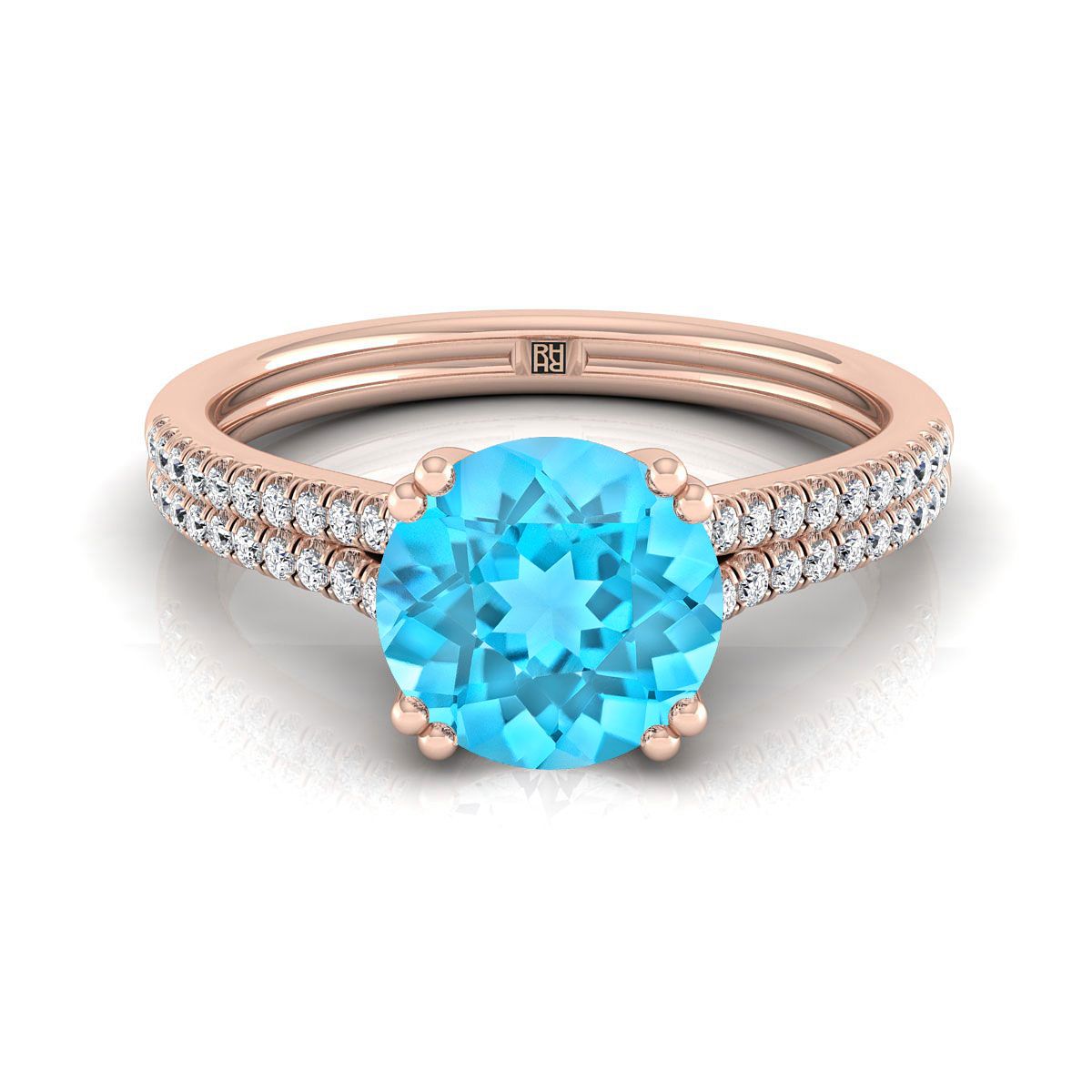 14K Rose Gold Round Brilliant Swiss Blue Topaz สองแถว Double Prong French Pave แหวนหมั้นเพชร -1/6ctw