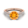 14K Rose Gold Round Brilliant Citrine สองแถว Double Prong French Pave แหวนหมั้นเพชร -1/6ctw