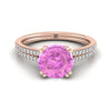 14K Rose Gold Round Brilliant Pink Sapphire สองแถว Double Prong French Pave แหวนหมั้นเพชร -1/6ctw