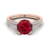 14K Rose Gold Round Brilliant Ruby สองแถว Double Prong French Pave แหวนหมั้นเพชร -1/6ctw