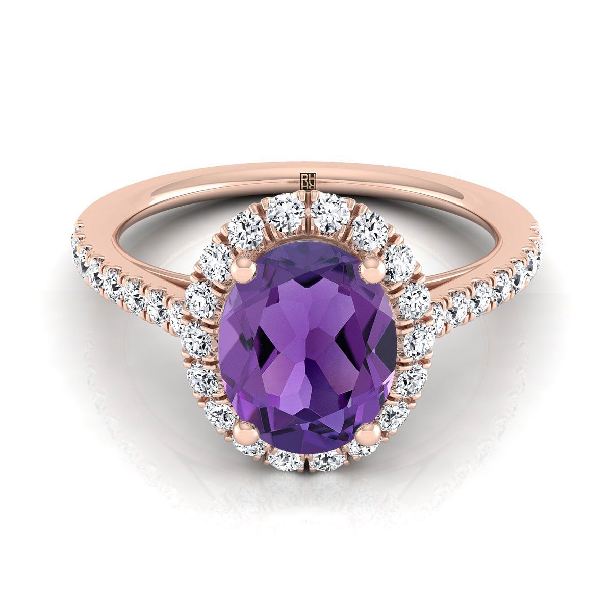 แหวนหมั้นเพชร Pave ฝรั่งเศส 14K Rose Gold รูปไข่ Amethyst Petite Halo -3/8ctw