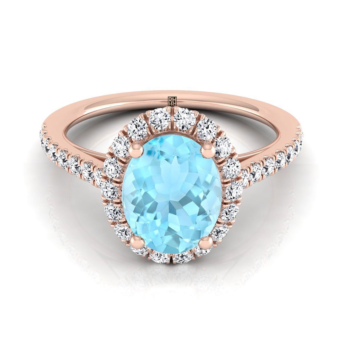 14K Rose Gold รูปไข่ Aquamarine Petite Halo แหวนหมั้นเพชรฝรั่งเศส Pave -3/8ctw