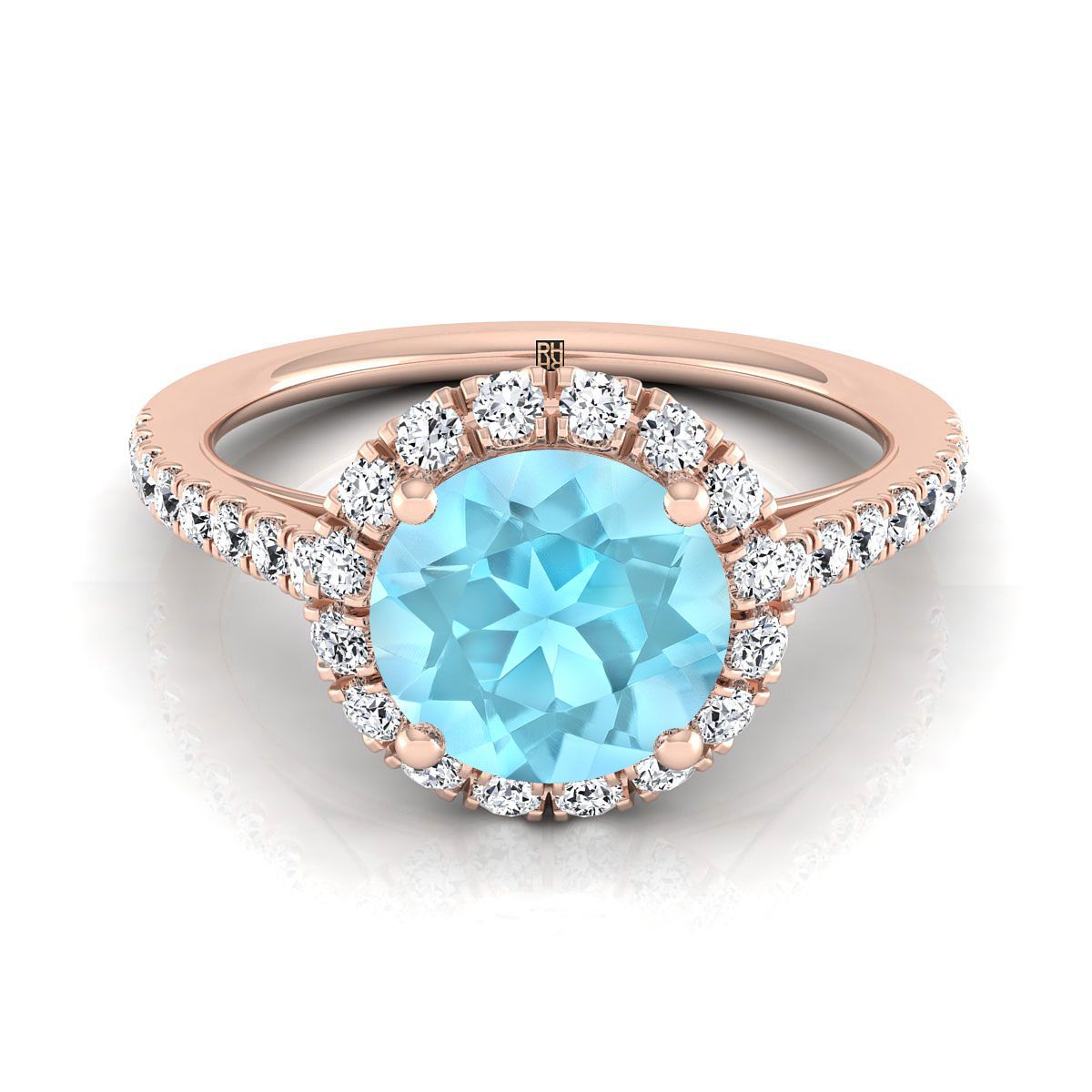 14K Rose Gold Round Brilliant Aquamarine Petite Halo French Diamond Pave แหวนหมั้น -3/8ctw