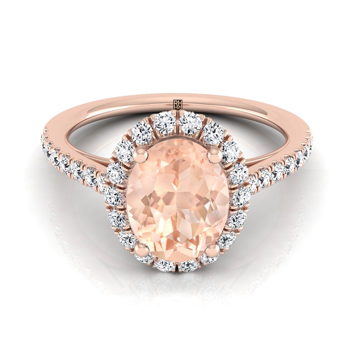 แหวนหมั้นเพชร Pave รูปไข่ Morganite Petite Halo 14K Rose Gold -3 / 8ctw