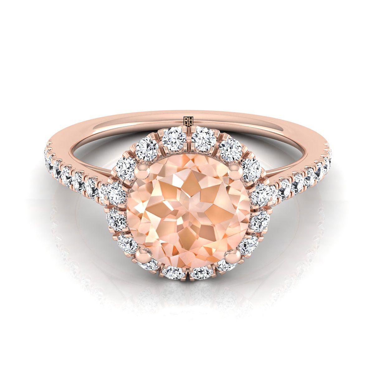14K Rose Gold Round Brilliant Morganite Petite Halo แหวนหมั้นเพชรฝรั่งเศส Pave -3/8ctw