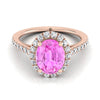 14K Rose Gold รูปไข่ Pink Sapphire Petite Halo แหวนหมั้นเพชรฝรั่งเศส Pave -3/8ctw