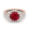 14K Rose Gold Round Brilliant Ruby Petite Halo แหวนหมั้นเพชรฝรั่งเศส Pave -3/8ctw