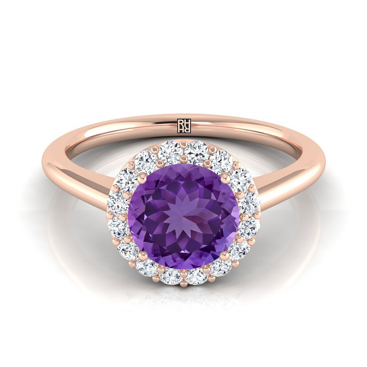 14K Rose Gold Round Brilliant Amethyst แบ่งปันแหวนหมั้นเพชรง่าม Halo -1/5ctw