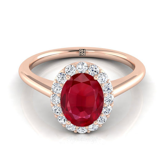 14K Rose Gold Oval Ruby แบ่งปันแหวนหมั้นเพชรง่าม Halo -1 / 5ctw