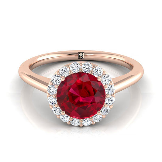 14K Rose Gold Round Brilliant Ruby Shared Prong Diamond Halo Engagement Ring -1/5ctw