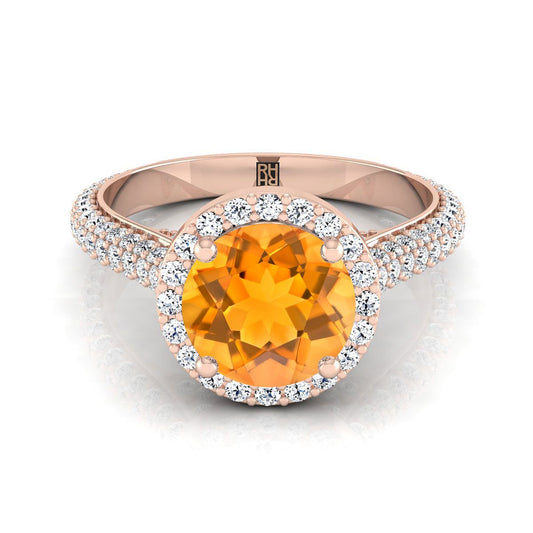 14K Rose Gold Round Brilliant Citrine Micro-Pavé Halo พร้อมแหวนหมั้นเพชรด้านข้างปู -7/8ctw