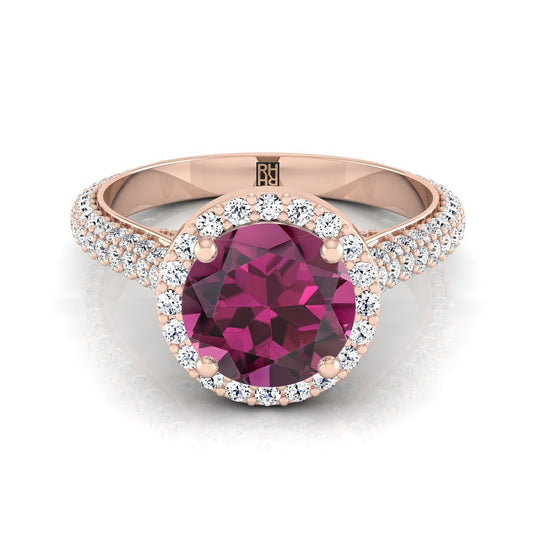 14K Rose Gold Round Brilliant Garnet Micro-Pavé Halo พร้อมแหวนหมั้นเพชรด้านข้างปู -7/8ctw