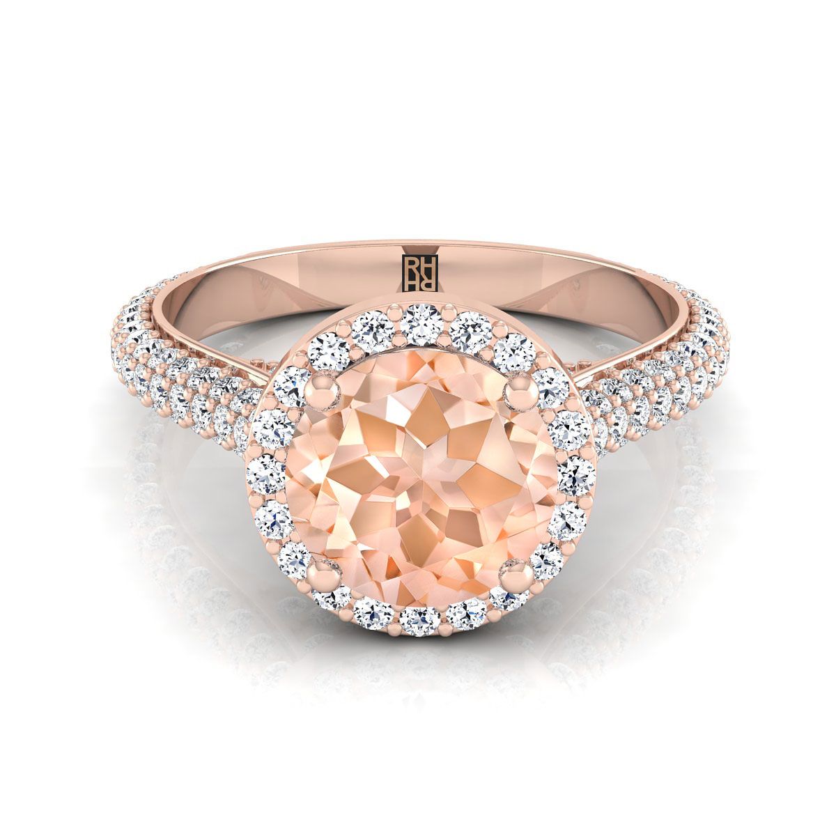 14K Rose Gold Round Brilliant Morganite Micro-Pavé Halo พร้อมแหวนหมั้นเพชรด้านข้างปู -7/8ctw