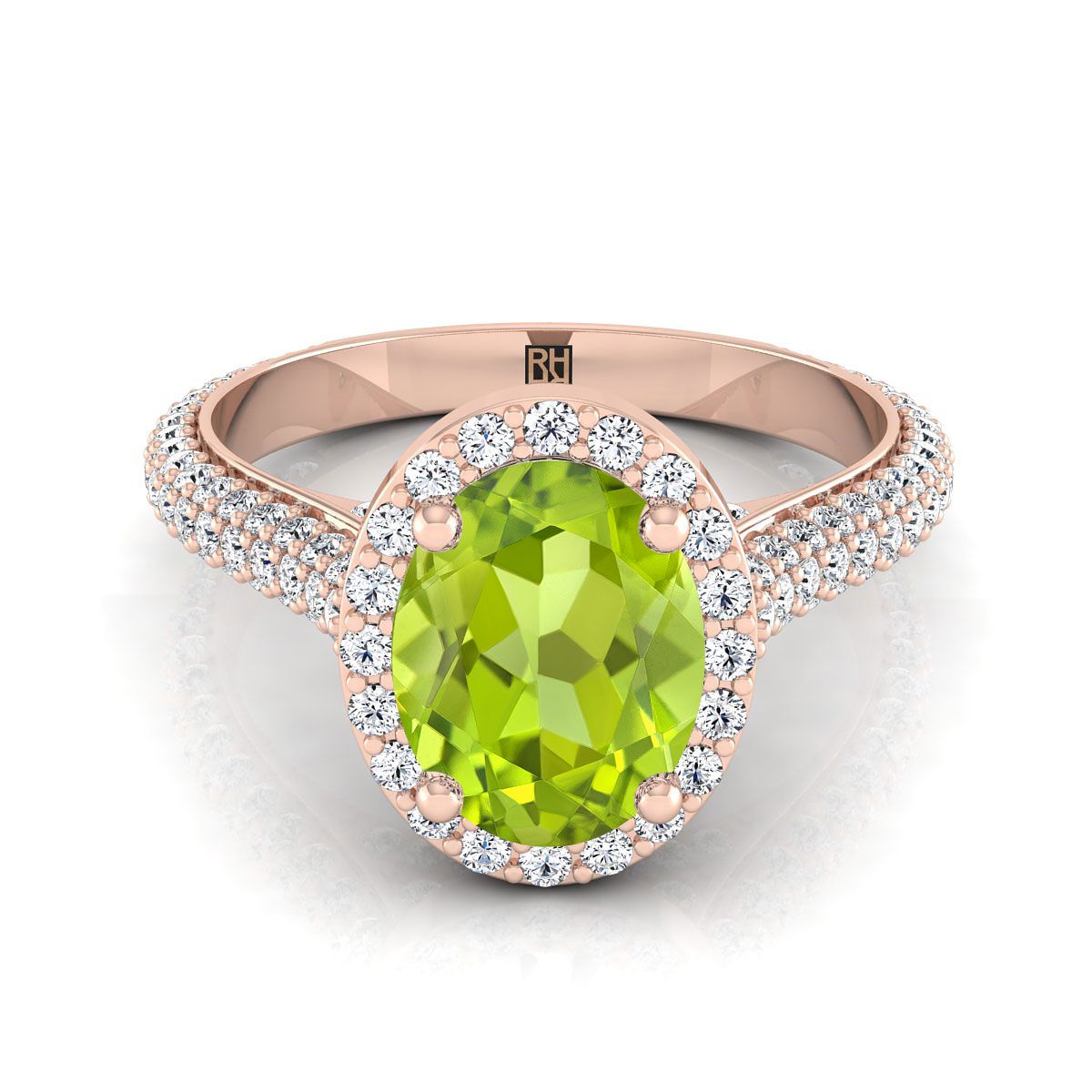 14K Rose Gold รูปไข่ Peridot Micro-Pavé Halo พร้อมแหวนหมั้นเพชรด้านข้างปู -7/8ctw