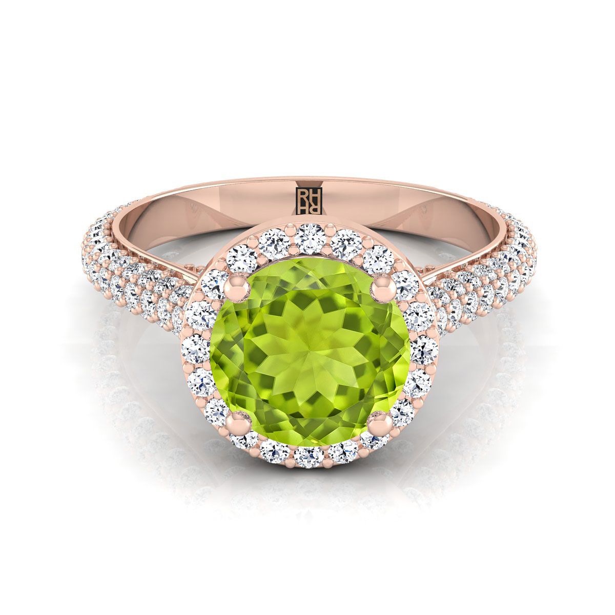 14K Rose Gold Round Brilliant Peridot Micro-Pavé Halo พร้อมแหวนหมั้นเพชรด้านข้างปู -7/8ctw