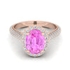 14K Rose Gold รูปไข่ Pink Sapphire Micro-Pavé Halo พร้อมแหวนหมั้นเพชรด้านข้างแบบปู -7/8ctw