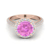 14K Rose Gold Round Brilliant Pink Sapphire Micro-Pavé Halo พร้อมแหวนหมั้นเพชรด้านข้างแบบปู -7/8ctw