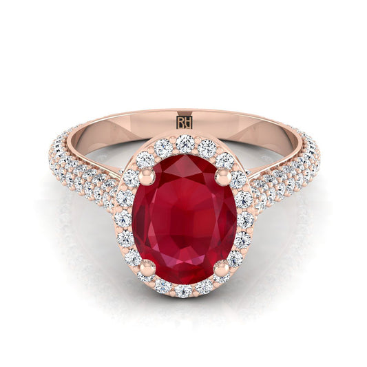 14K Rose Gold รูปไข่ Ruby Micro-Pavé Halo พร้อมแหวนหมั้นเพชรด้านข้าง Pave -7/8ctw