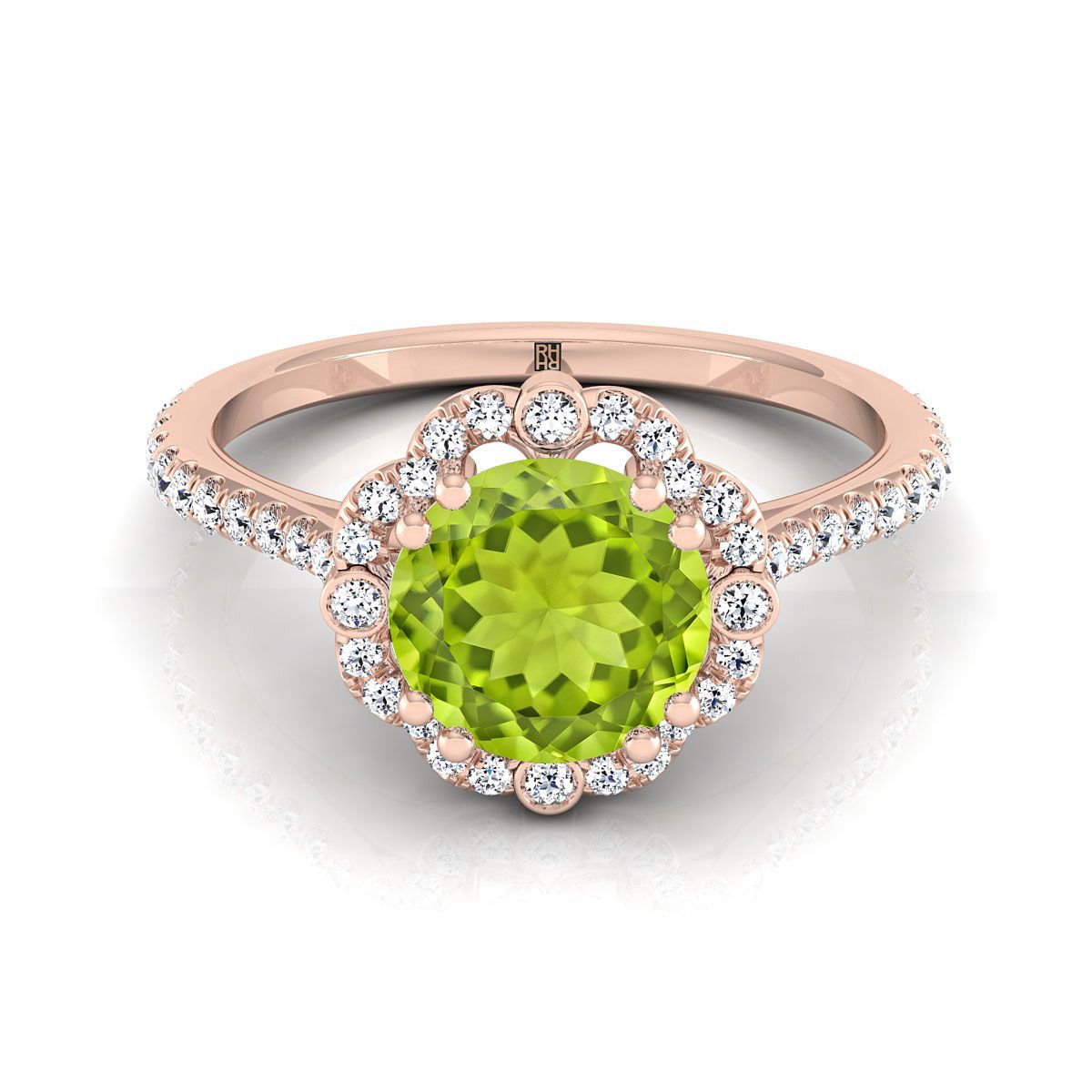 14K Rose Gold Round Brilliant Peridot หรูหราเพชร Halo Vintage แรงบันดาลใจแหวนหมั้น -1/4ctw