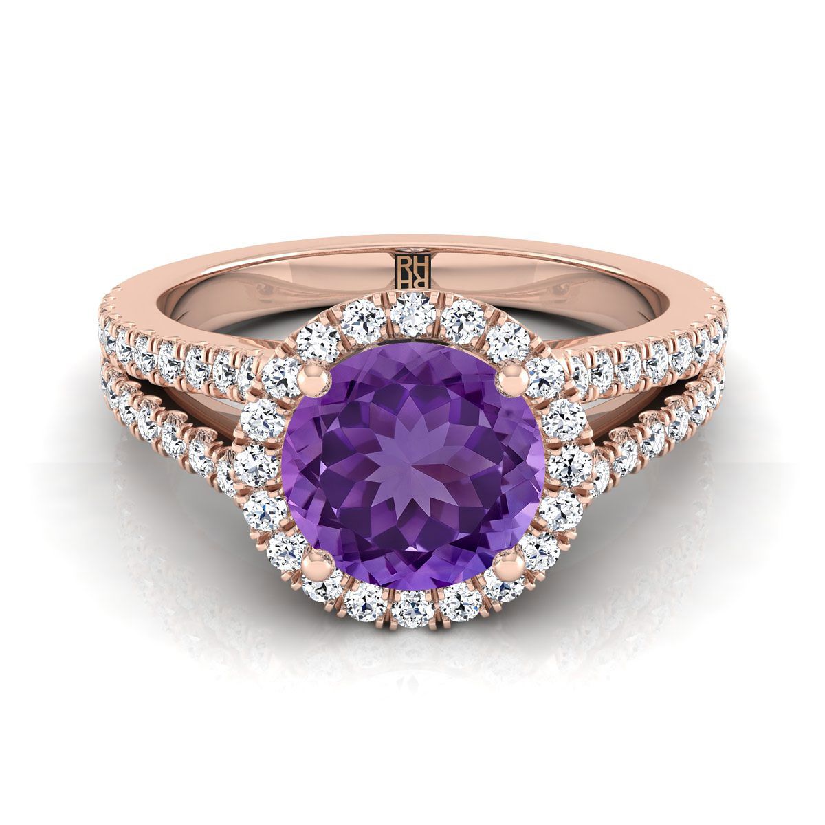 14K Rose Gold Round Brilliant Amethyst Halo Center พร้อมแหวนหมั้น French Pave Split Shank -3/8ctw