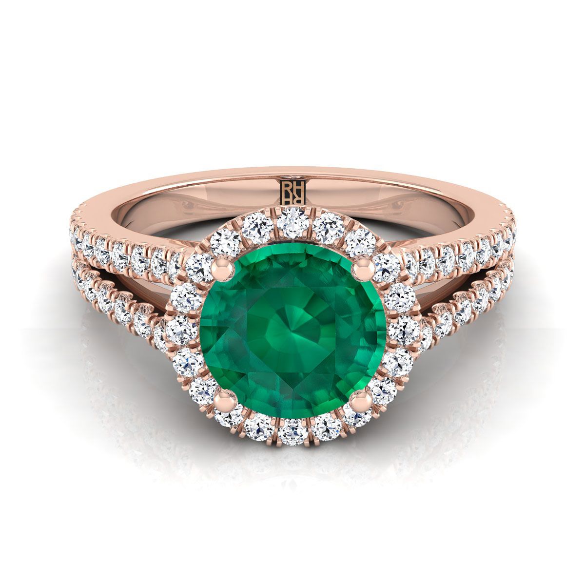 14K Rose Gold Round Brilliant Emerald Halo Center พร้อมแหวนหมั้นก้านแยกฝรั่งเศส Pave -3/8ctw