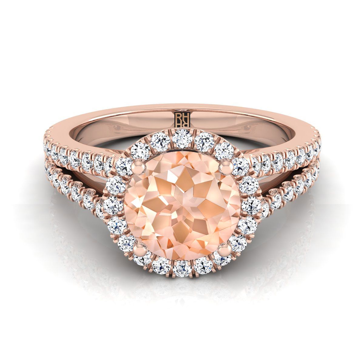 14K Rose Gold Round Brilliant Morganite Halo Center พร้อมแหวนหมั้น French Pave Split Shank -3/8ctw