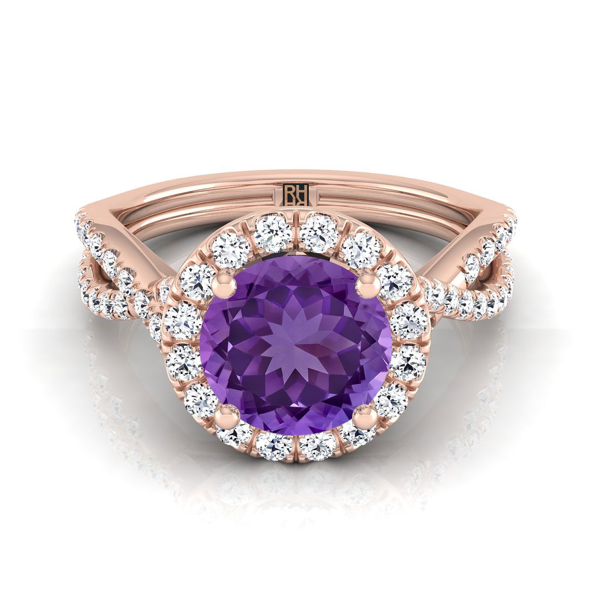 14K Rose Gold Round Brilliant Amethyst Twisted Scalloped Pavé Diamonds แหวนหมั้น Halo -1/2ctw