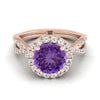 14K Rose Gold Round Brilliant Amethyst Twisted Scalloped Pavé Diamonds แหวนหมั้น Halo -1/2ctw