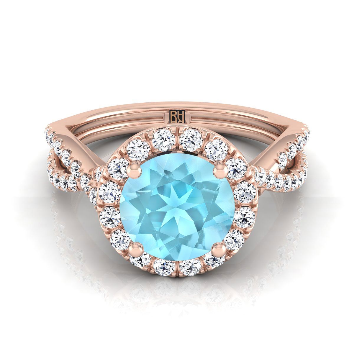 14K Rose Gold Round Brilliant Aquamarine Twisted Scalloped Pavé Diamonds แหวนหมั้น Halo -1/2ctw