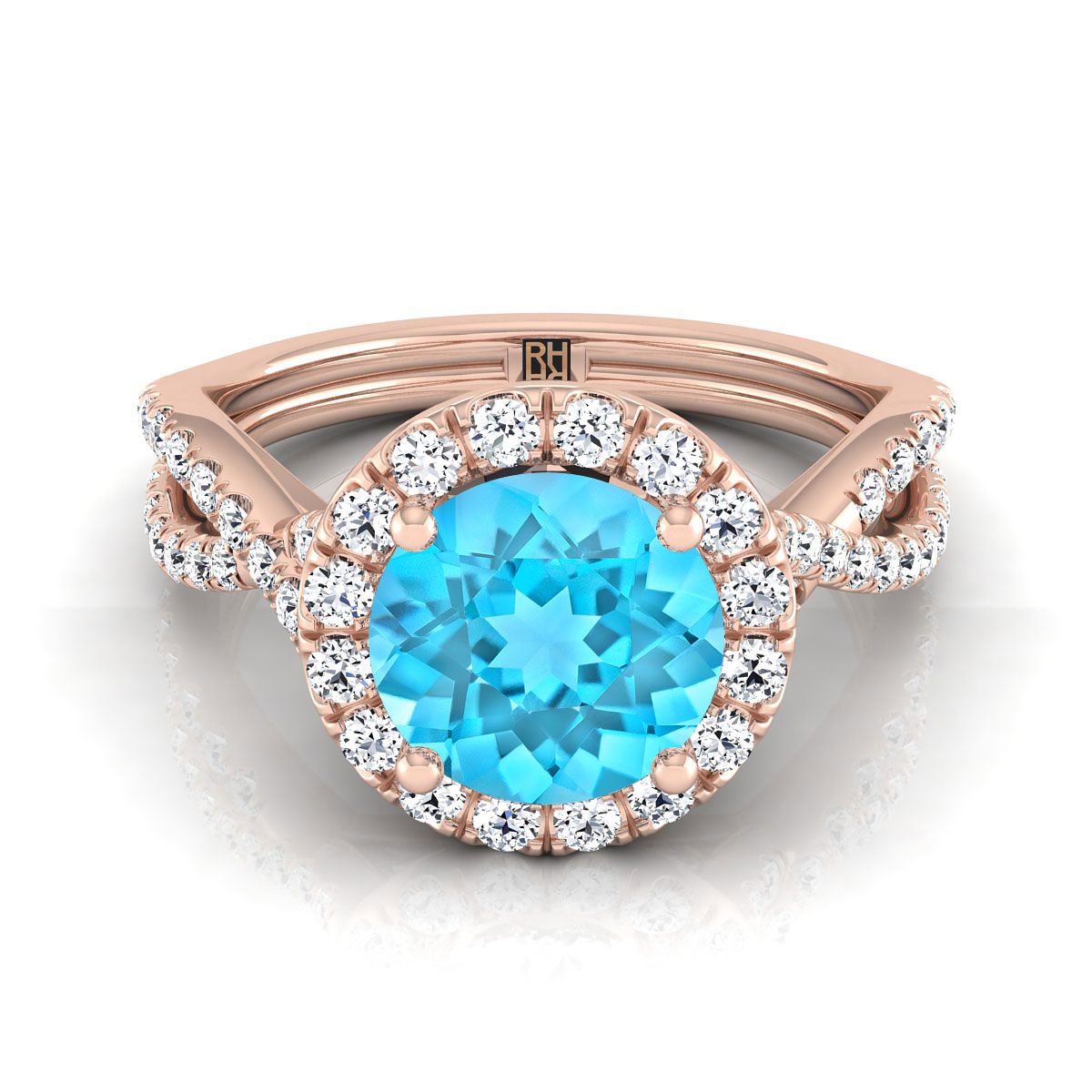 14K Rose Gold Round Brilliant Swiss Blue Topaz Twisted Scalloped Pavé Diamonds แหวนหมั้น Halo -1/2ctw