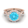 14K Rose Gold Round Brilliant Swiss Blue Topaz Twisted Scalloped Pavé Diamonds แหวนหมั้น Halo -1/2ctw