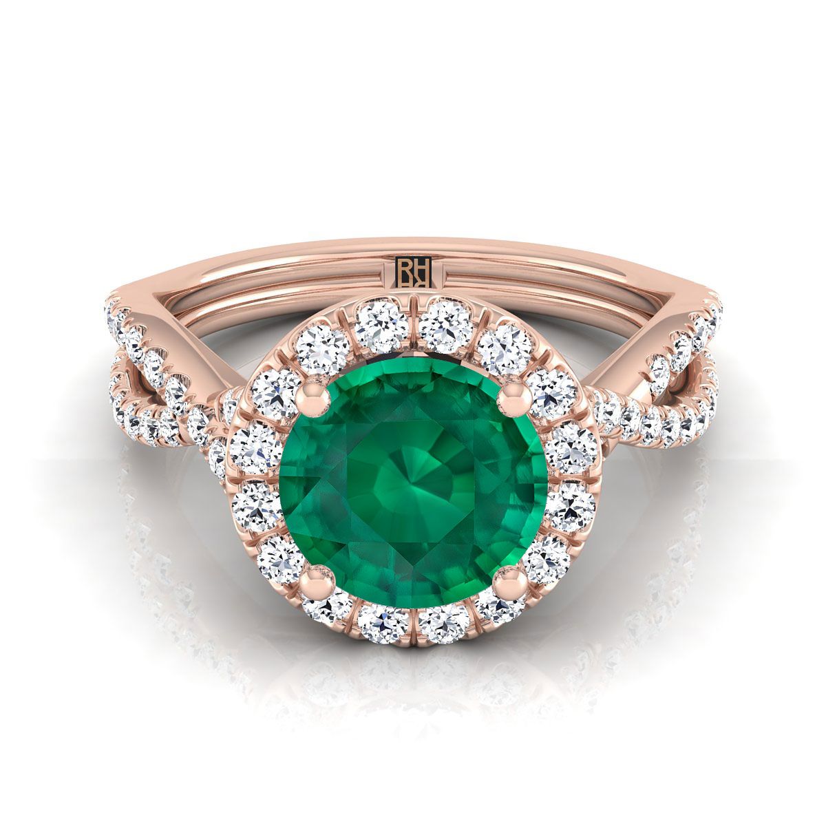 14K Rose Gold Round Brilliant Emerald Twisted Scalloped Pavé Diamonds แหวนหมั้น Halo -1/2ctw