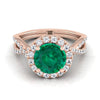 14K Rose Gold Round Brilliant Emerald Twisted Scalloped Pavé Diamonds แหวนหมั้น Halo -1/2ctw